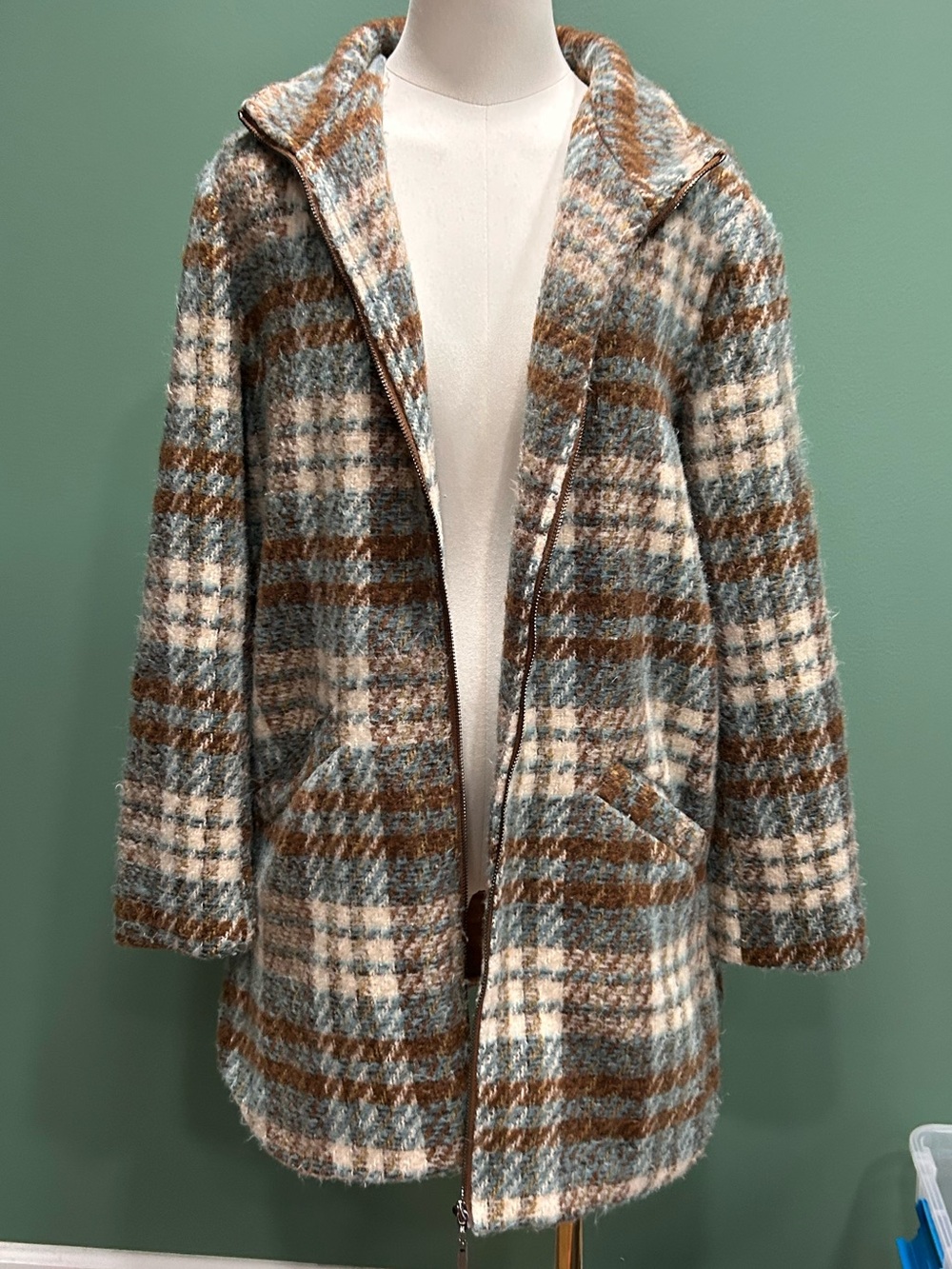 Cyrus Plaid Hooded Pea Coat in Brown, Cream & Green
